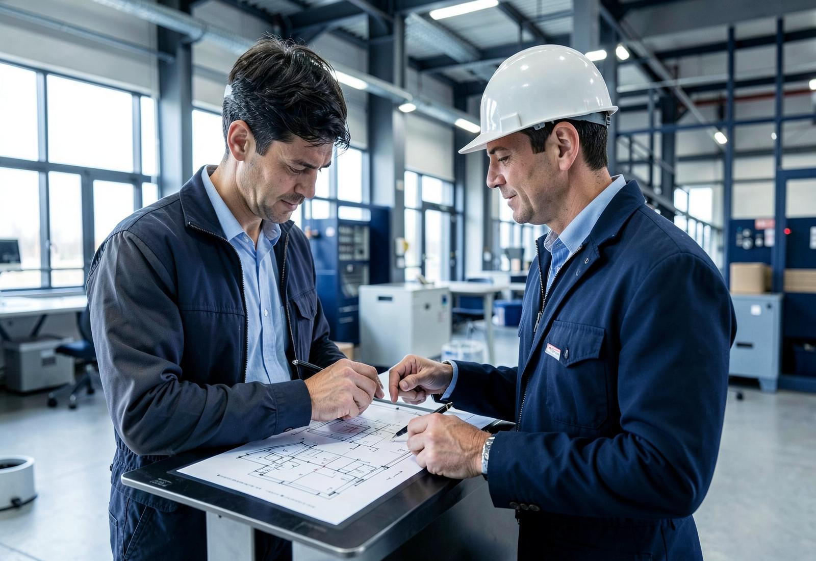 Técnicos revisando documentación técnica en una instalación industrial