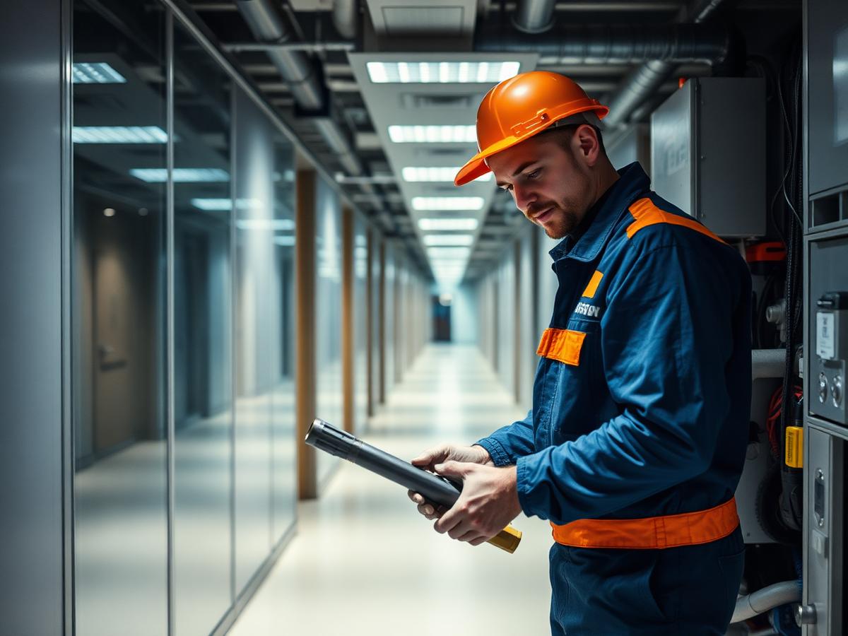 Técnico realizando mantenimiento de instalaciones en un edificio corporativo